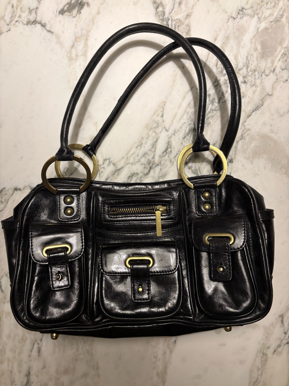 Charles David Black Leather Shoulder Bag with Gold Hardware